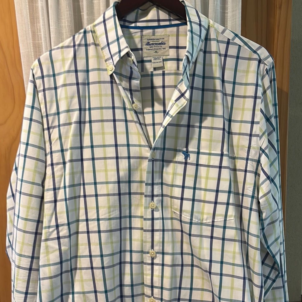 Abercrombie & Fitch Men's Blue and Green Plaid Shirt XL